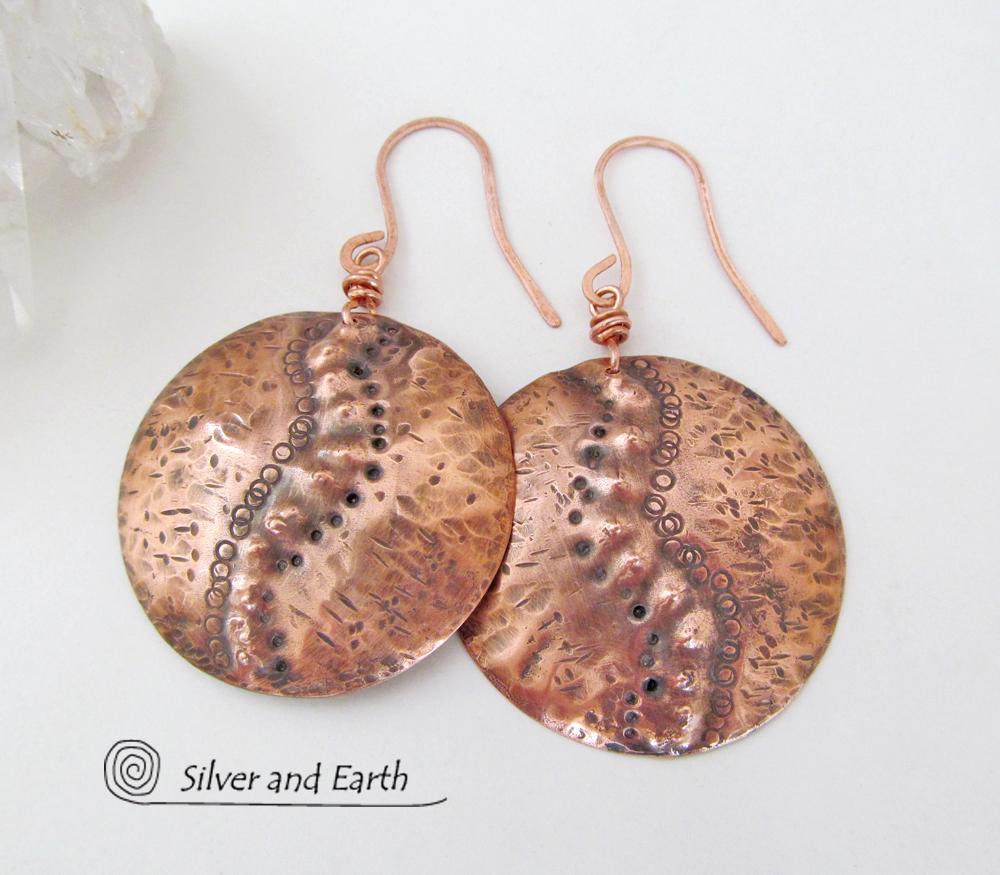 Large Hammered Copper Dangle Earrings with Rustic Tribal Texture