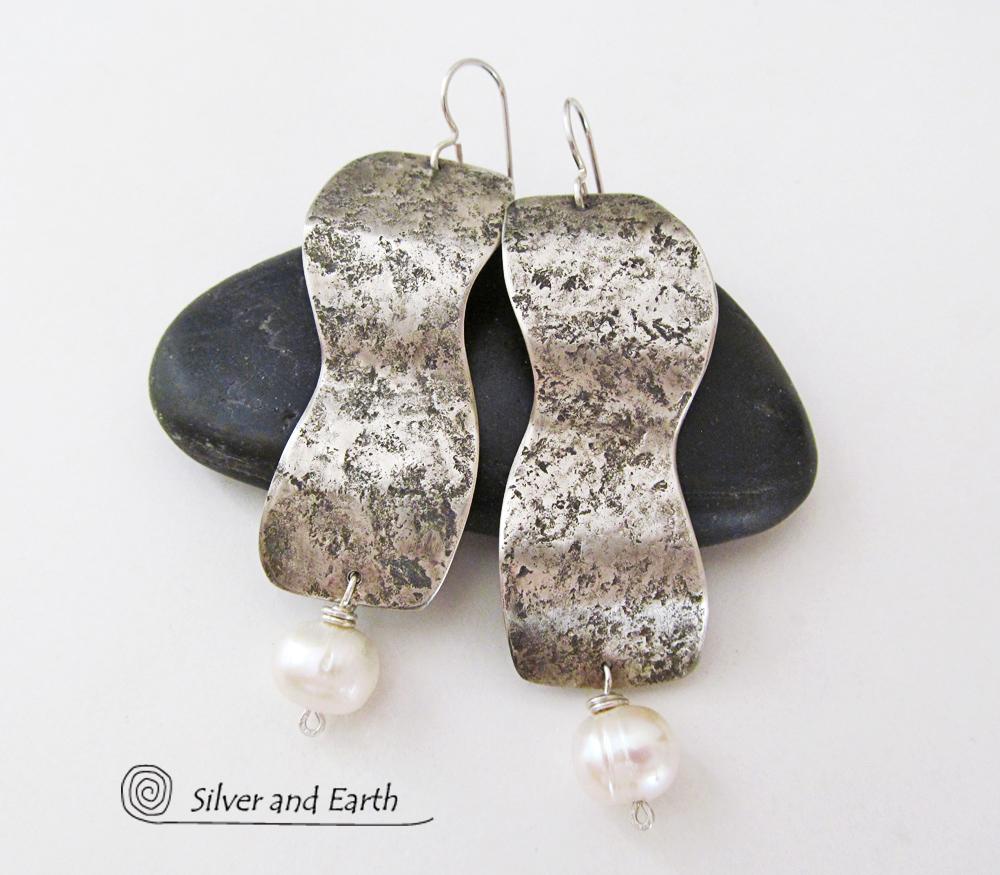 Modern Contemporary Sterling Silver Earrings with Dangling White Pearls