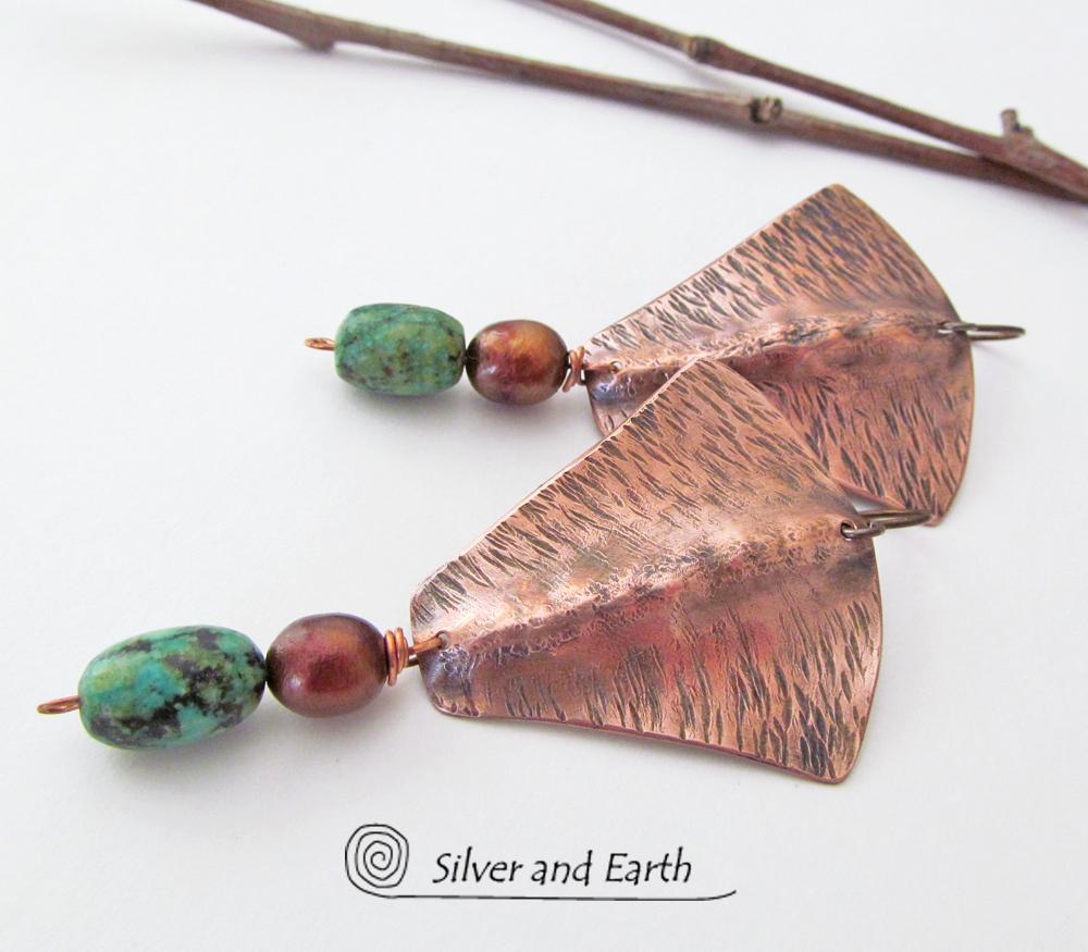 Copper Earrings with African Turquoise & Pearls - Hand Forged Metal Jewelry