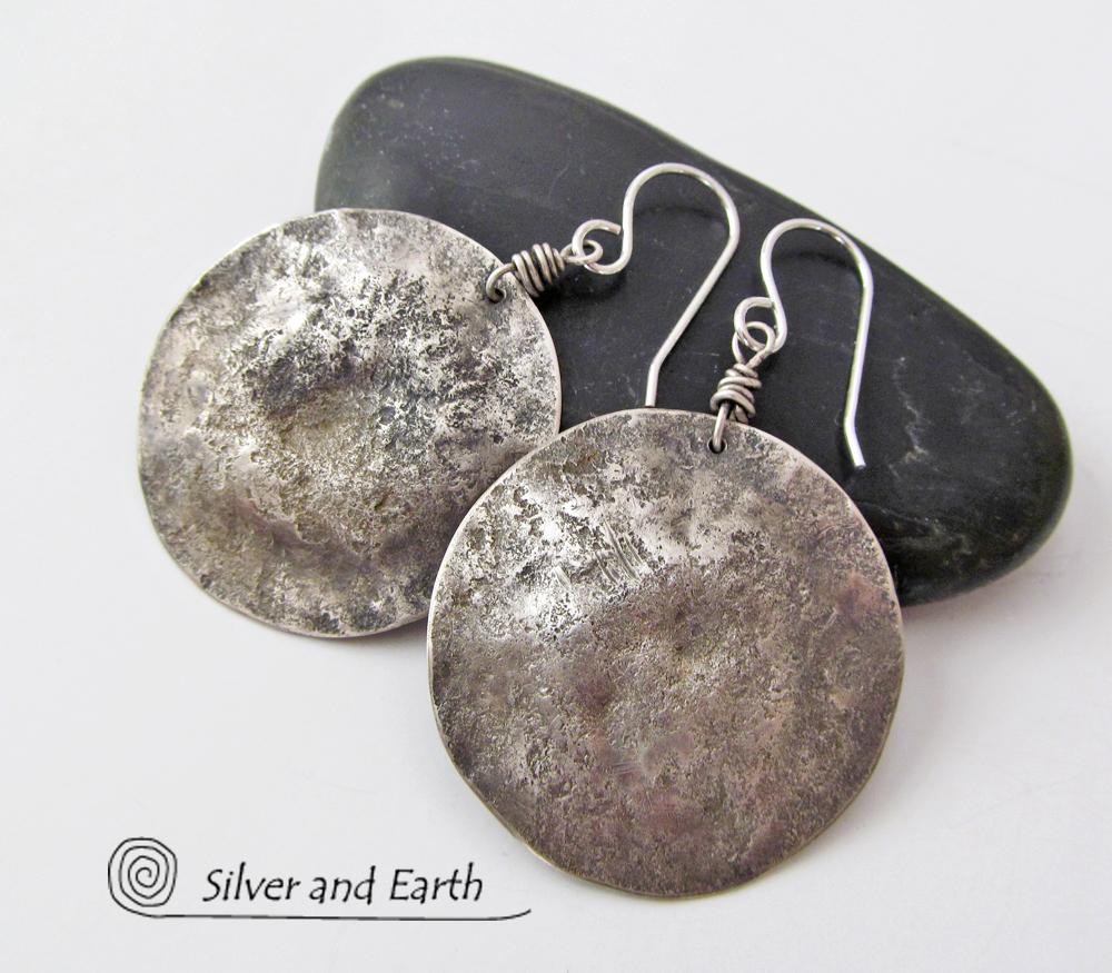 Hammered Sterling Silver Moon Earrings - Organic Earthy Silver Jewelry