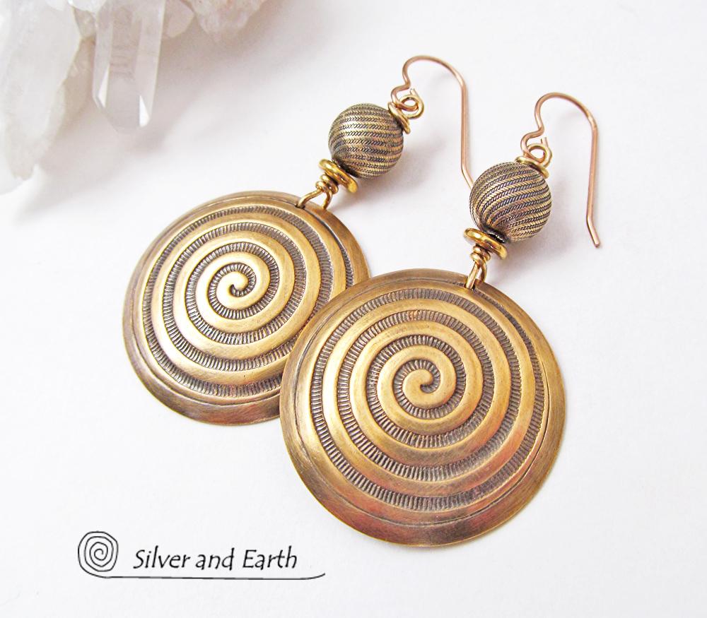 Gold Brass Earrings with Spiral Pattern - Spiral Symbol of Life Jewelry