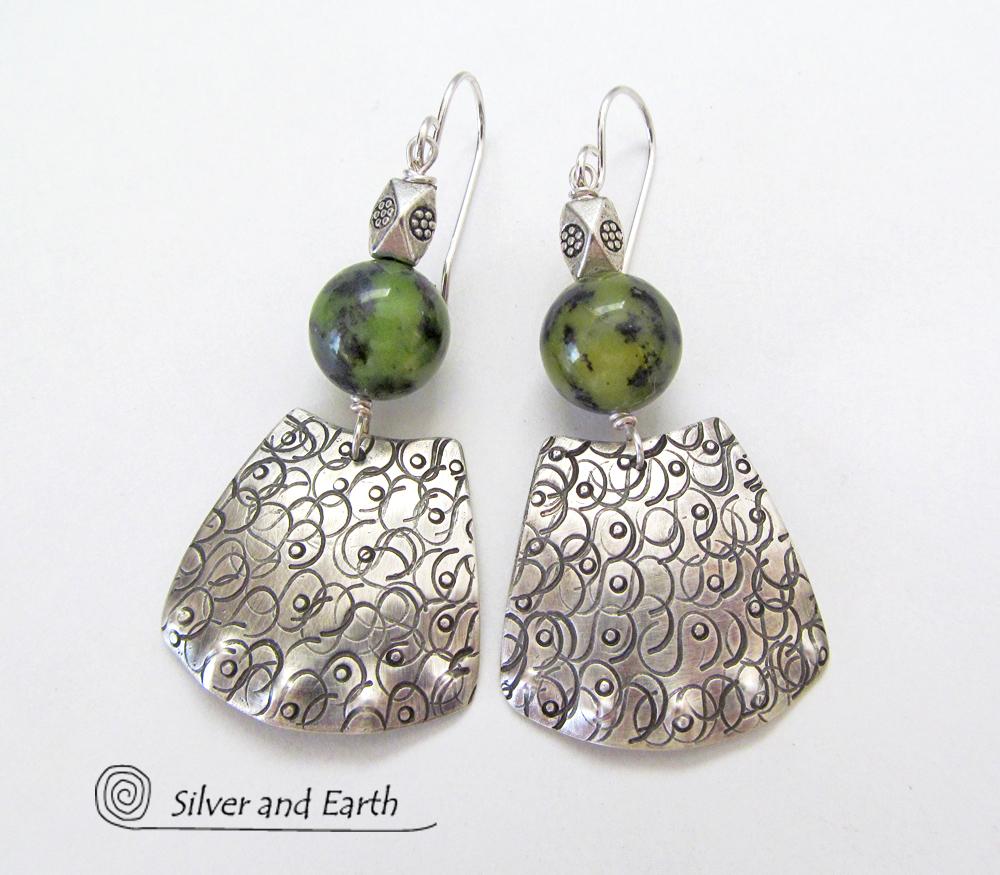 Bold Exotic Sterling Silver Earrings with Green Jade Gemstones