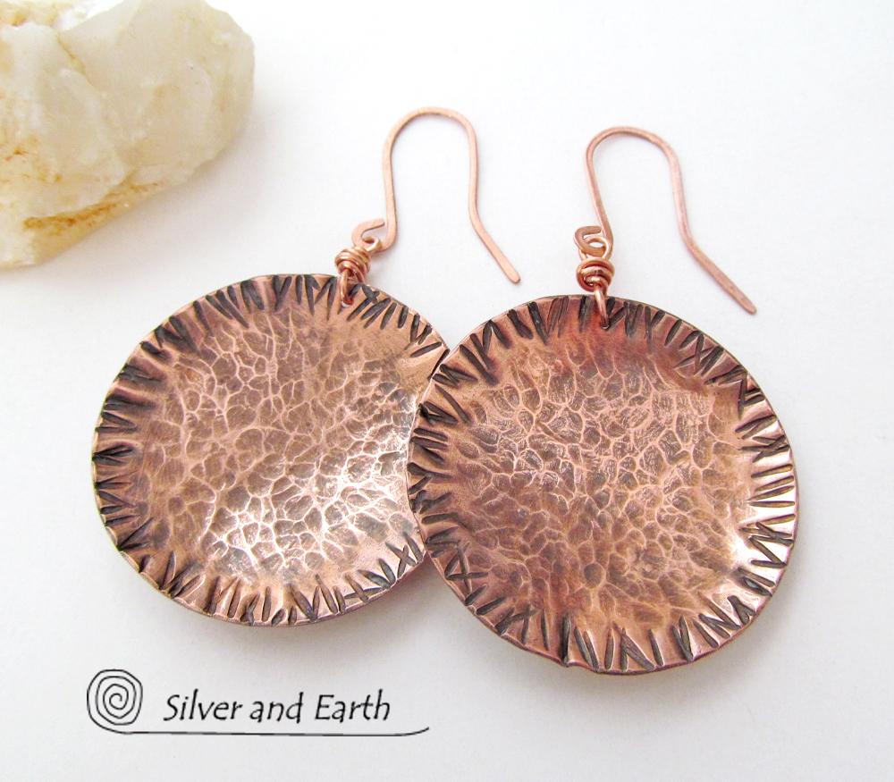 Large Copper Earrings with Rustic Hammered Texture - Hand Forged Metal Jewelry