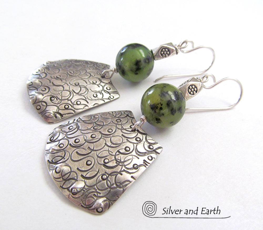 Bold Exotic Sterling Silver Earrings with Green Jade Gemstones
