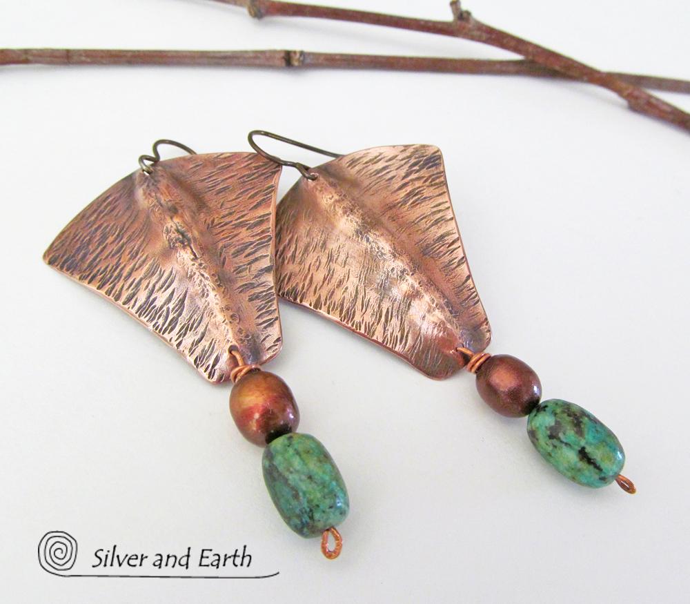 Copper Earrings with African Turquoise & Pearls - Hand Forged Metal Jewelry