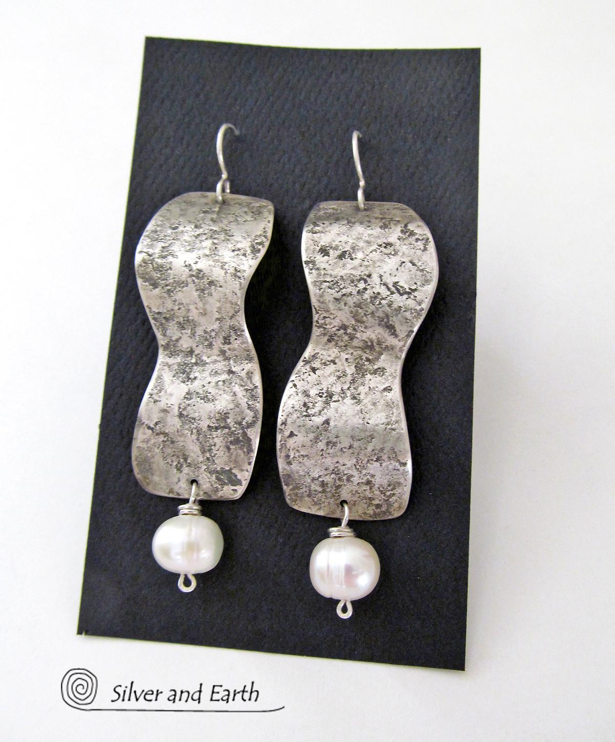 Modern Contemporary Sterling Silver Earrings with Dangling White Pearls