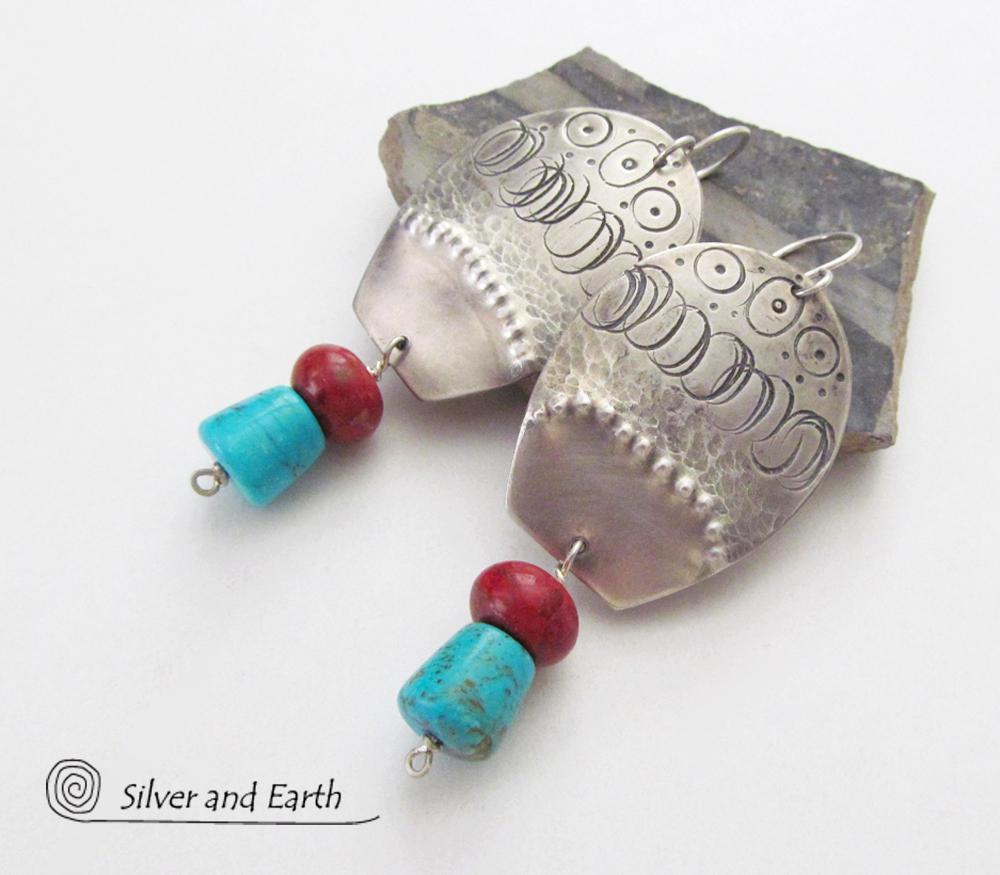 Sterling Silver Earrings with Sleeping Beauty Turquoise & Red Coral