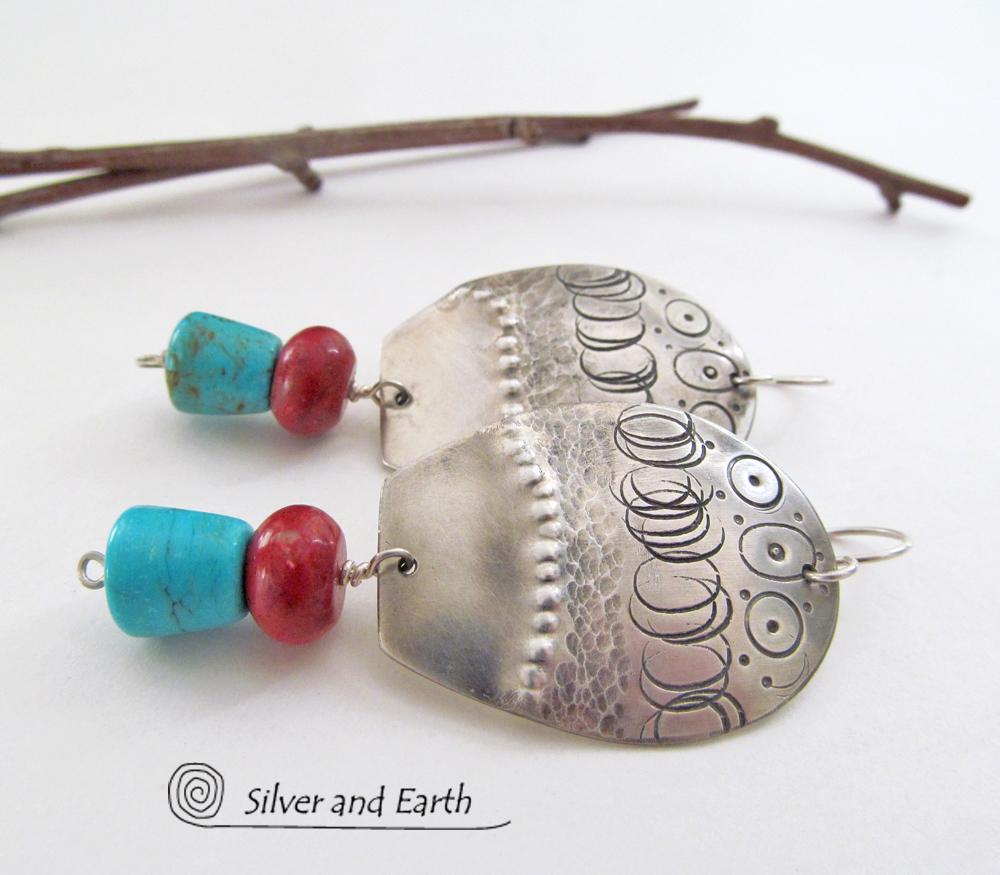 Sterling Silver Earrings with Sleeping Beauty Turquoise & Red Coral