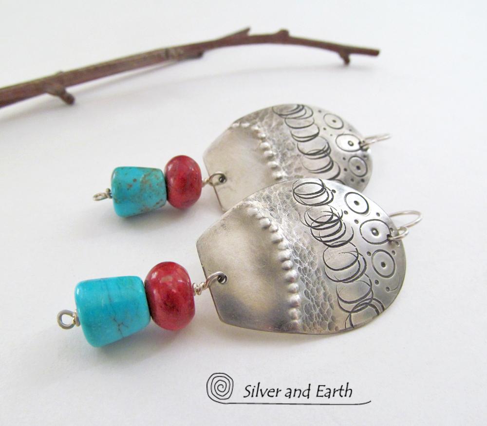Sterling Silver Earrings with Sleeping Beauty Turquoise & Red Coral