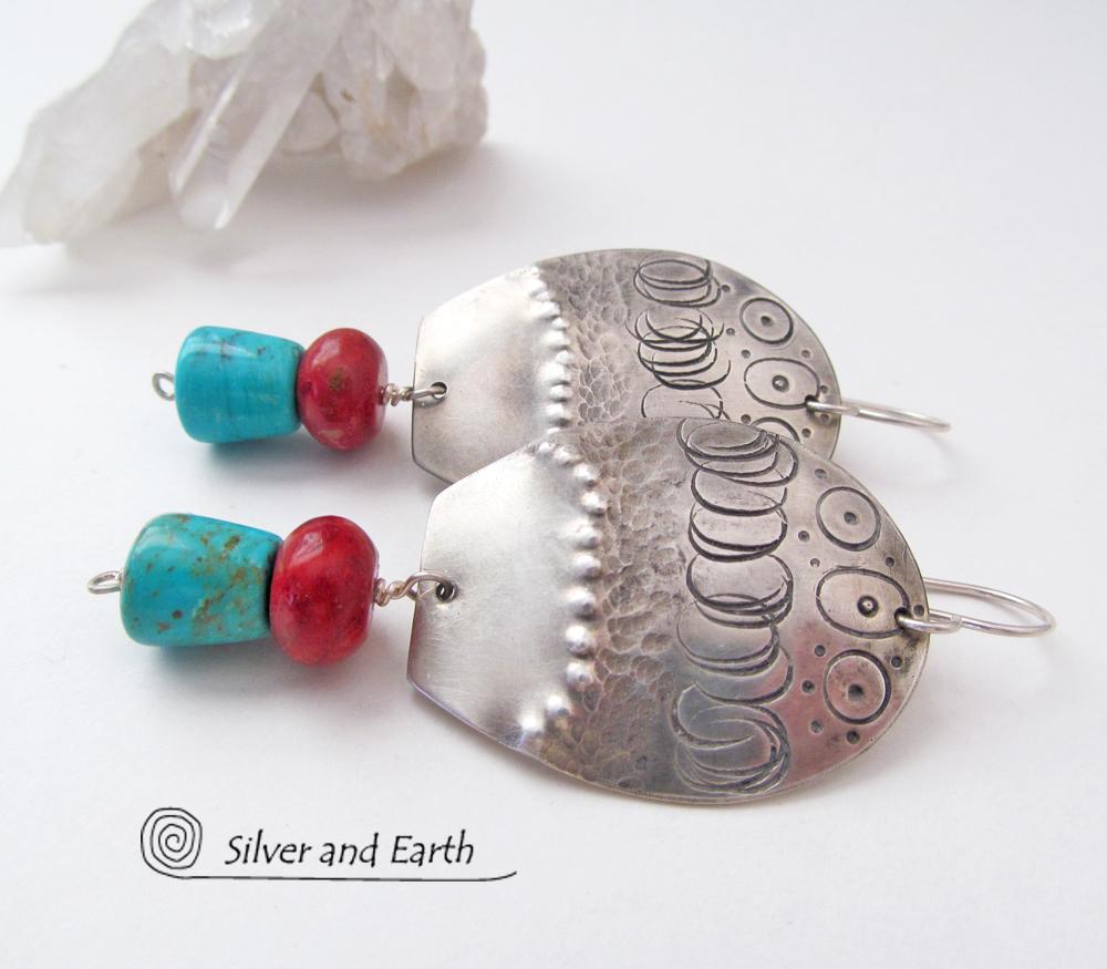 Sterling Silver Earrings with Sleeping Beauty Turquoise & Red Coral