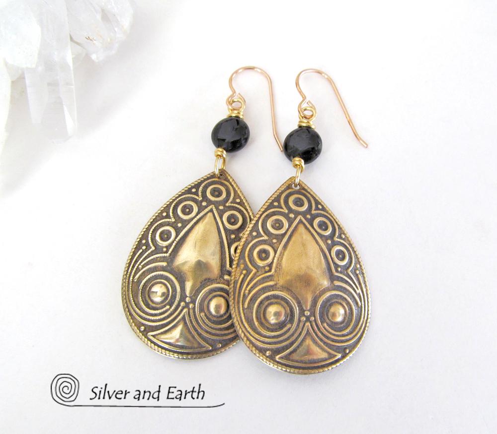 Embossed Gold Brass Teardrop Dangle Earrings with Black Onyx Stones