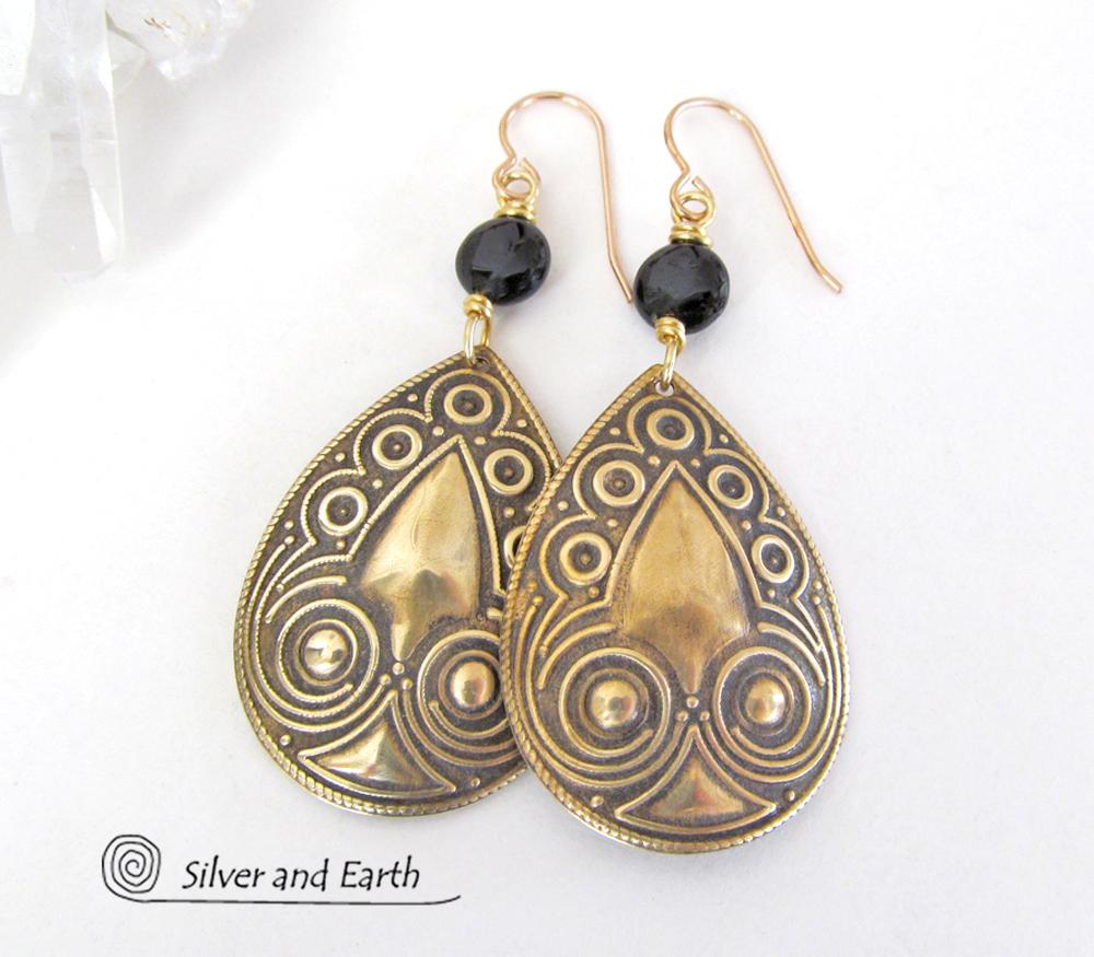 Gold Brass Teardrop Dangle Earrings - Bold Statement Jewelry
