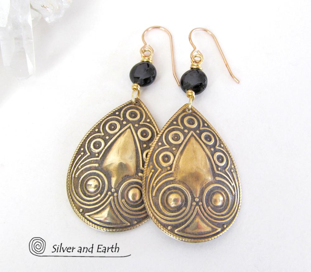 Embossed Gold Brass Teardrop Dangle Earrings with Black Onyx Stones