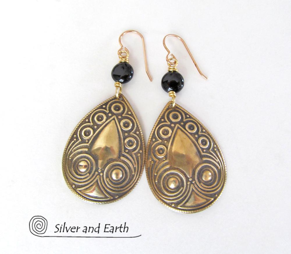 Embossed Gold Brass Teardrop Dangle Earrings with Black Onyx Stones