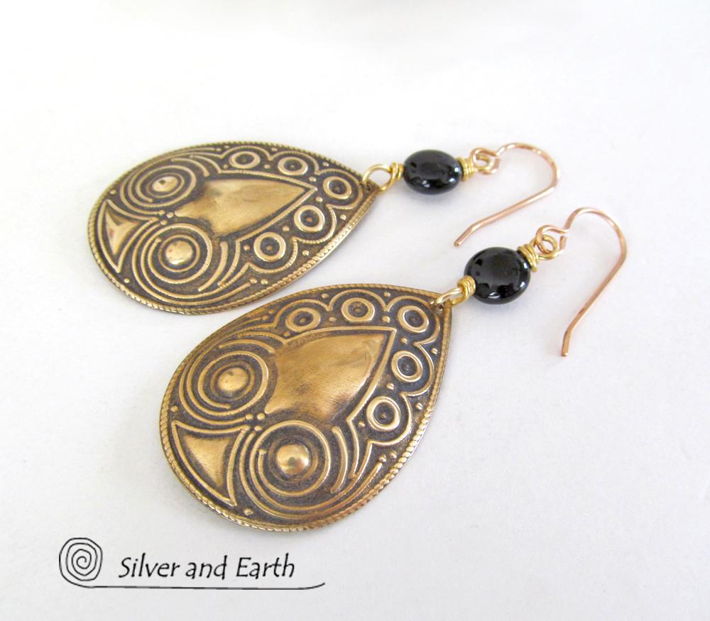 Gold Brass Teardrop Dangle Earrings - Bold Statement Jewelry