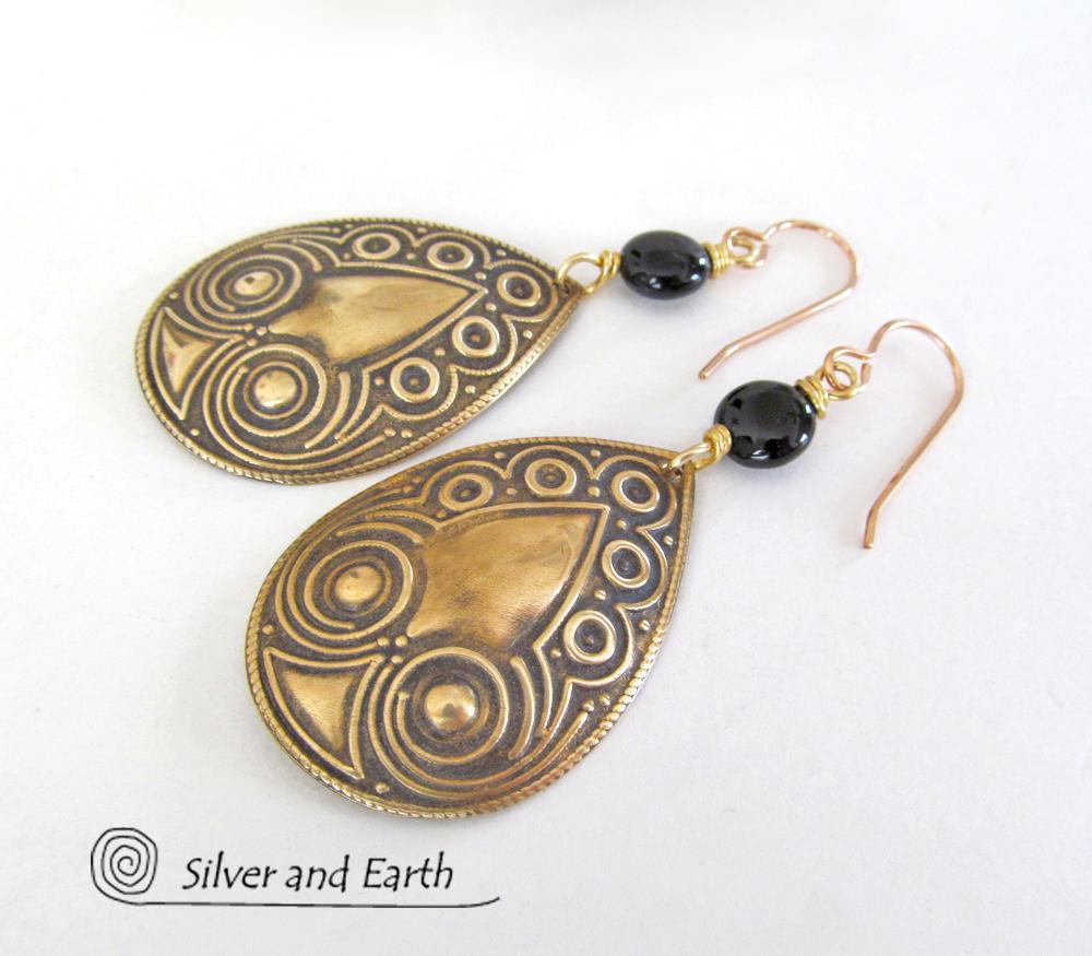 Embossed Gold Brass Teardrop Dangle Earrings with Black Onyx Stones