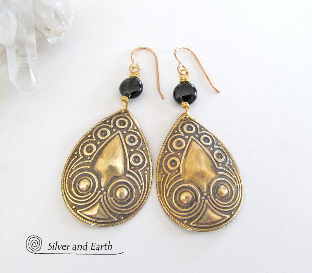 Embossed Gold Brass Teardrop Dangle Earrings with Black Onyx Stones