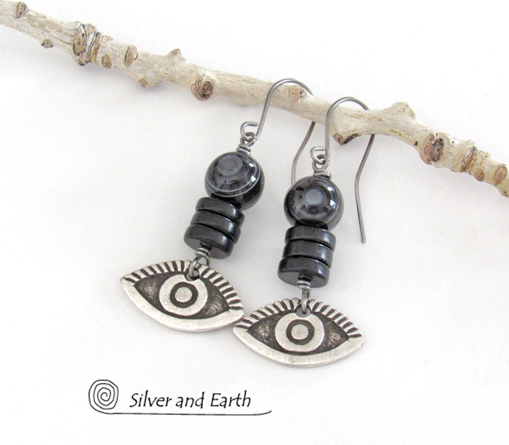 Black Eye Agate Earrings with Pewter Eye Charms - Good Luck Talisman Jewelry