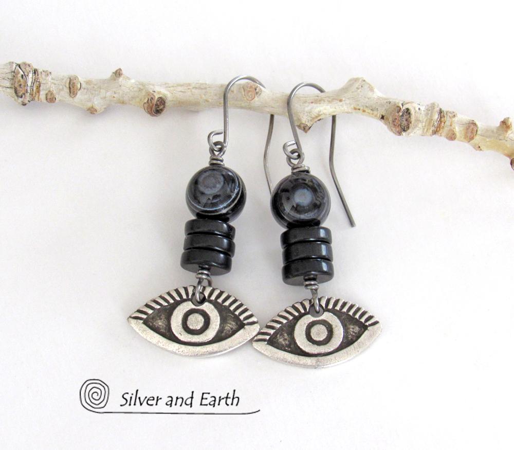Black Eye Agate Earrings with Pewter Eye Charms - Good Luck Talisman Jewelry
