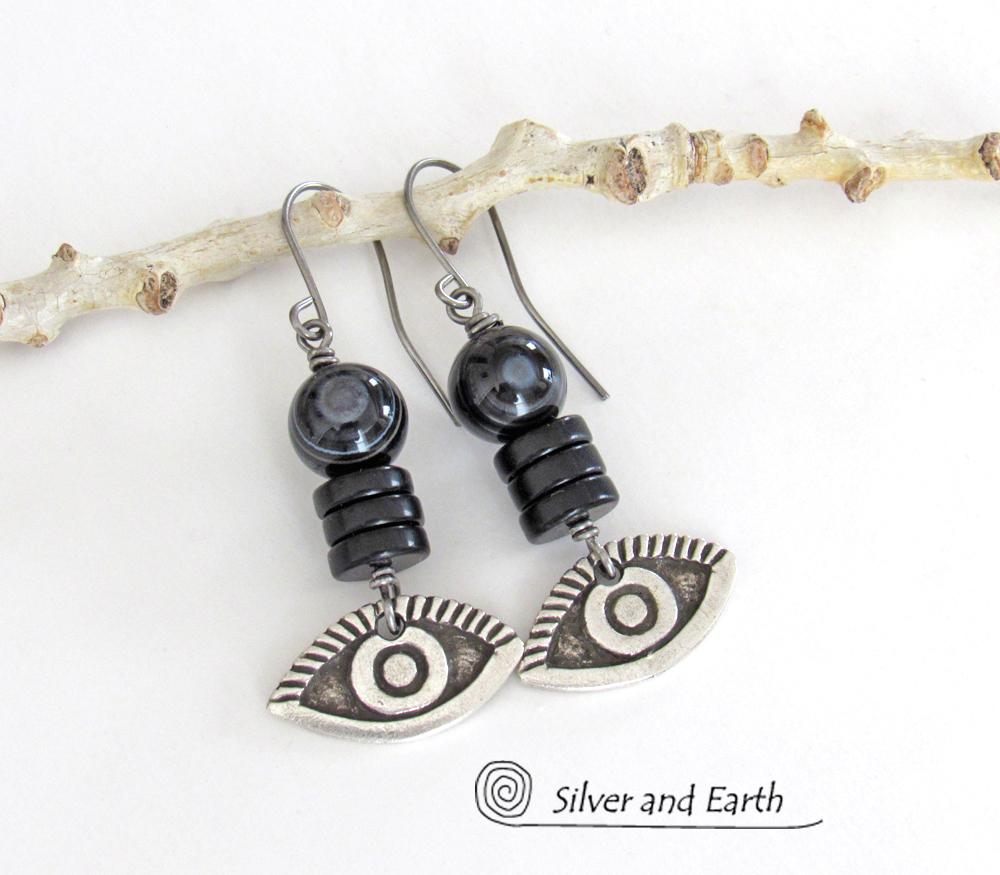 Black Eye Agate Earrings with Pewter Eye Charms - Good Luck Talisman Jewelry