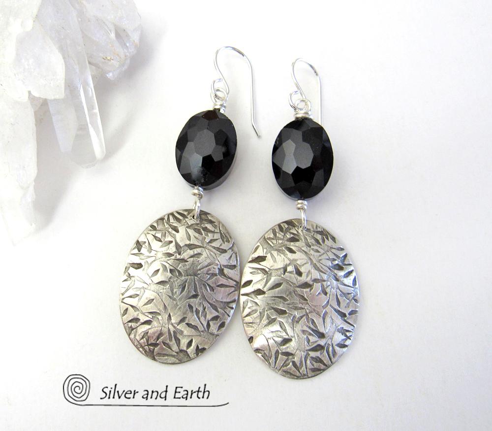 Sterling Silver Oval Dangle Earrings with Faceted Black Crystal Glass Beads