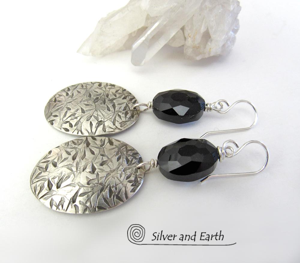 Sterling Silver Oval Dangle Earrings with Faceted Black Crystal Glass Beads