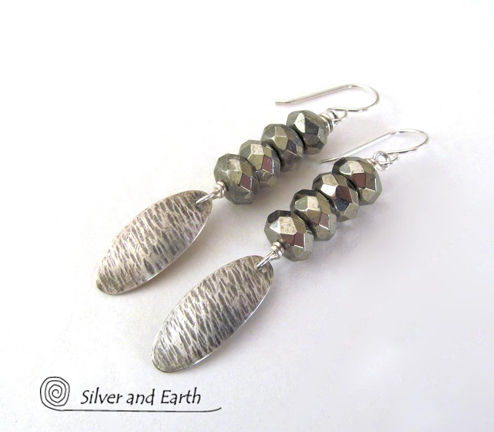 Slender Sterling Silver Dangle Earrings with Faceted Gray Pyrite Gemstones
