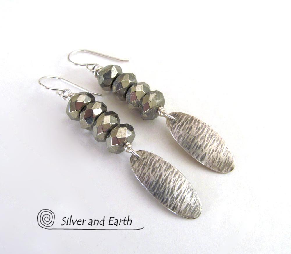 Slender Sterling Silver Dangle Earrings with Faceted Gray Pyrite Gemstones