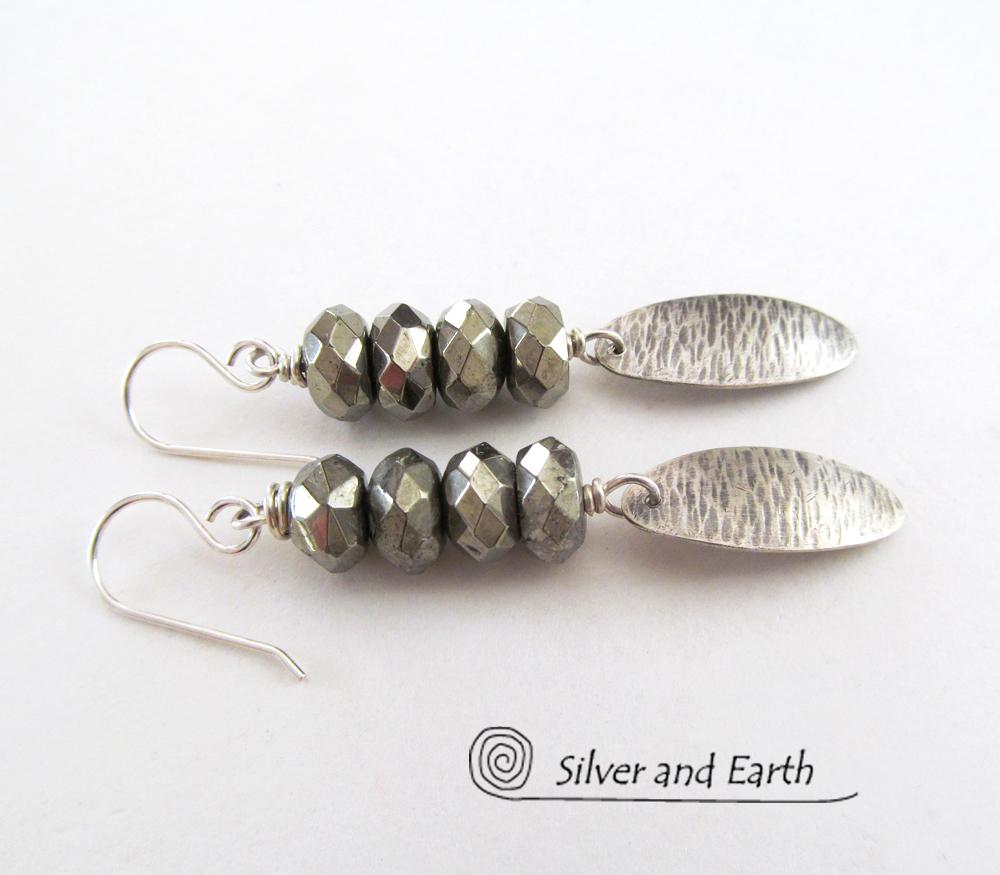 Slender Sterling Silver Dangle Earrings with Faceted Gray Pyrite Gemstones