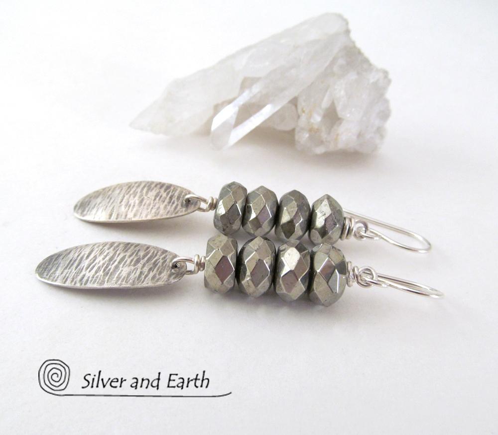 Slender Sterling Silver Dangle Earrings with Faceted Gray Pyrite Gemstones