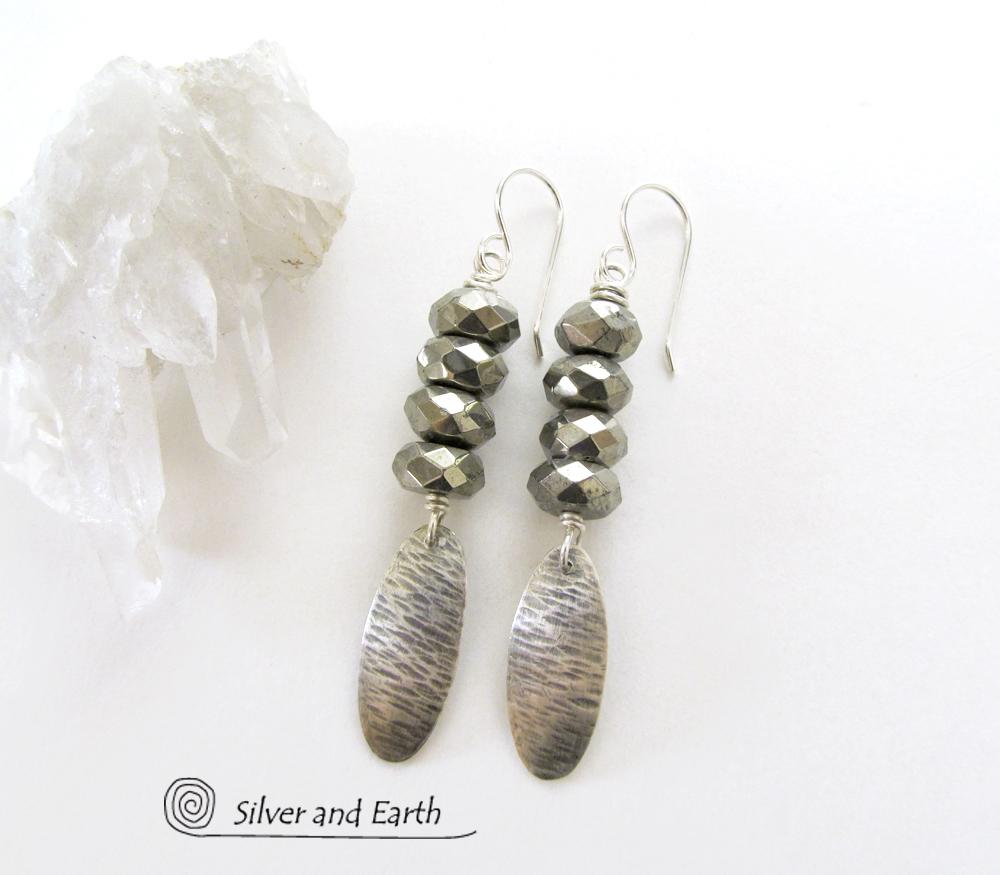 Slender Sterling Silver Dangle Earrings with Faceted Gray Pyrite Gemstones