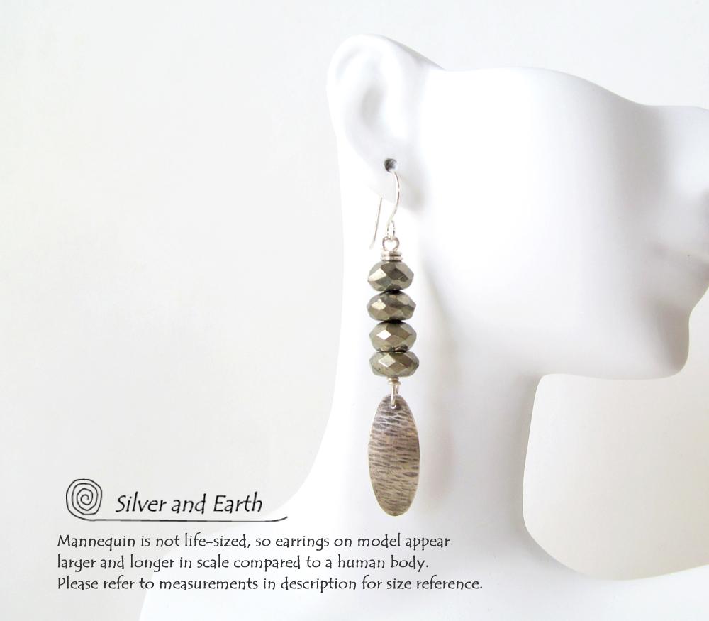 Slender Sterling Silver Dangle Earrings with Faceted Gray Pyrite Gemstones
