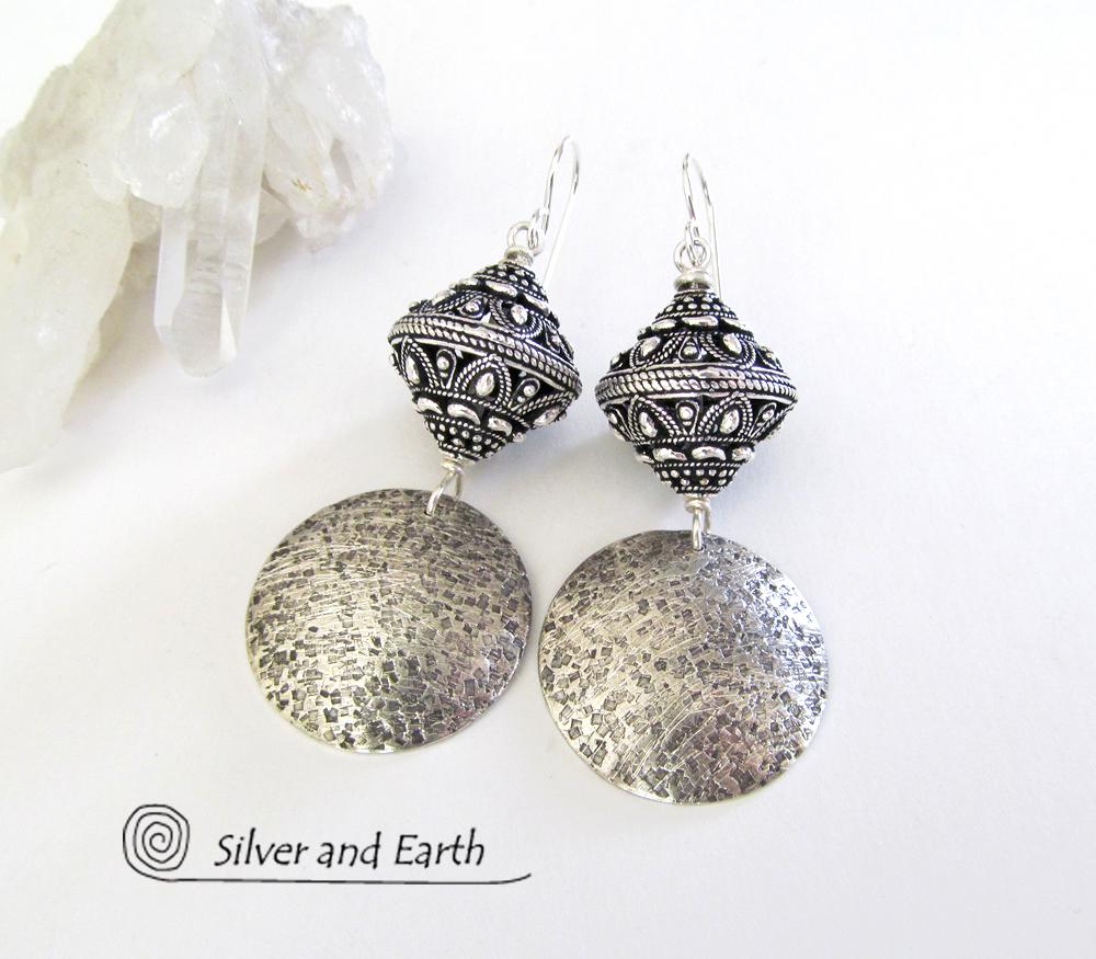Sterling Silver Earrings with Big Ornate Bali Beads - Bali Style Jewelry