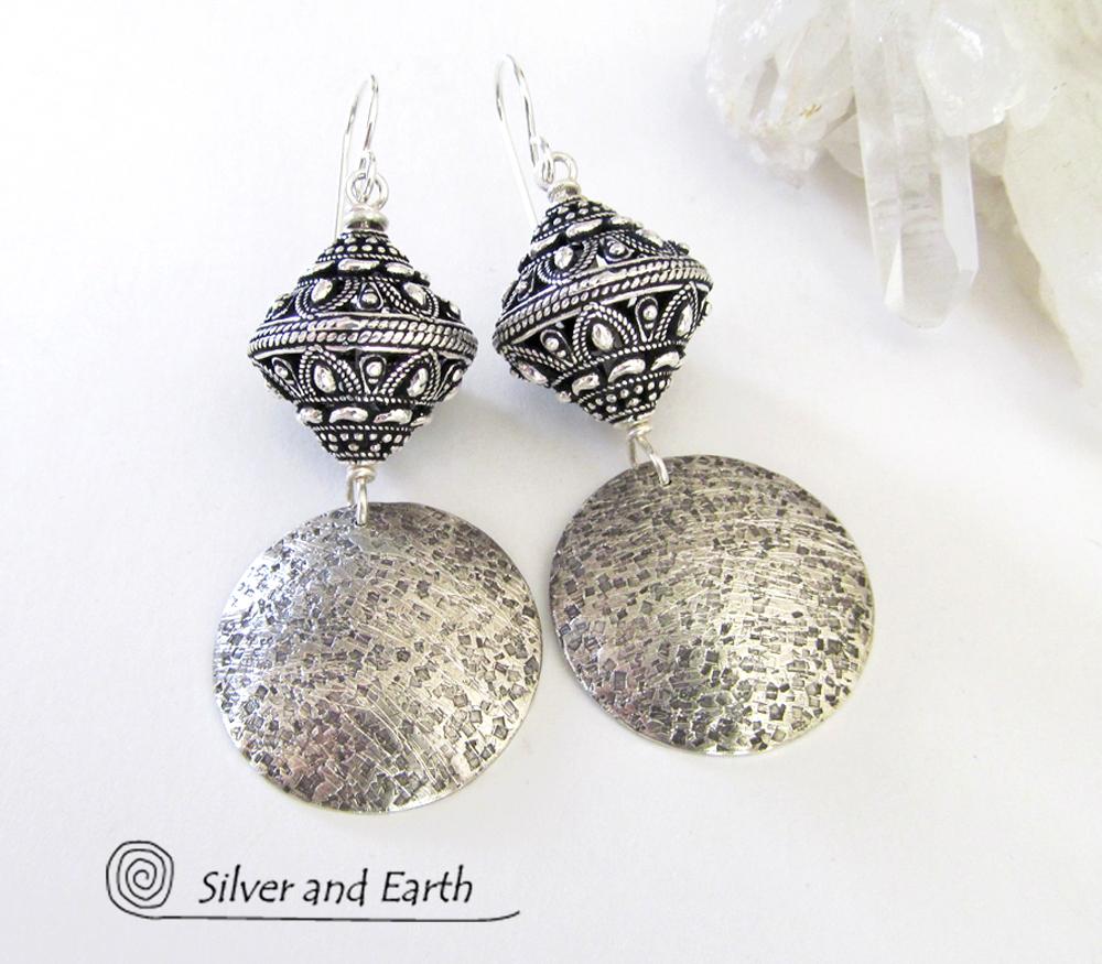 Sterling Silver Earrings with Big Ornate Bali Beads - Bali Style Jewelry