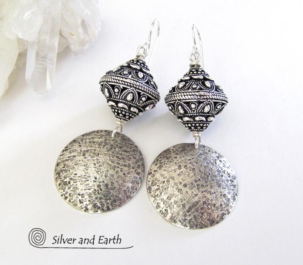 Sterling Silver Earrings with Big Ornate Bali Beads - Bali Style Jewelry