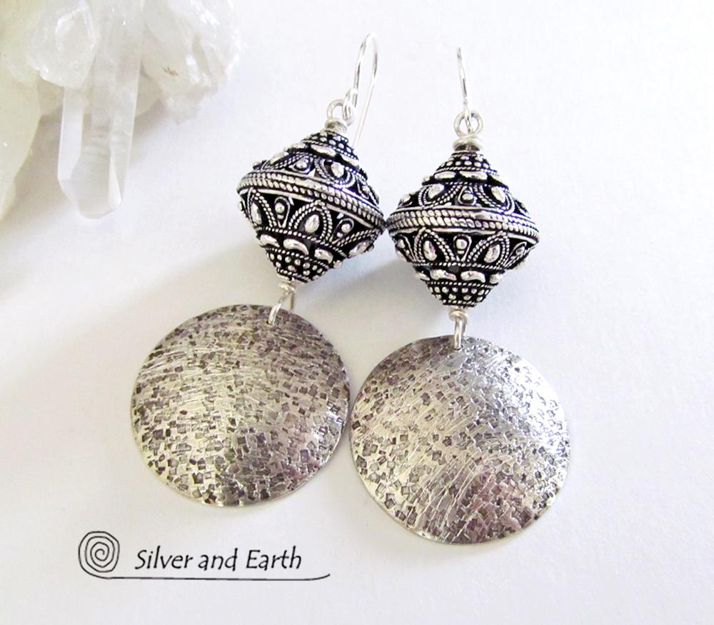 Sterling Silver Earrings with Big Ornate Bali Beads - Bali Style Jewelry