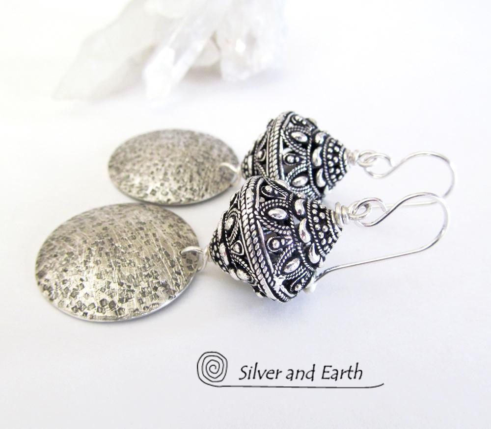 Sterling Silver Earrings with Big Ornate Bali Beads - Bali Style Jewelry