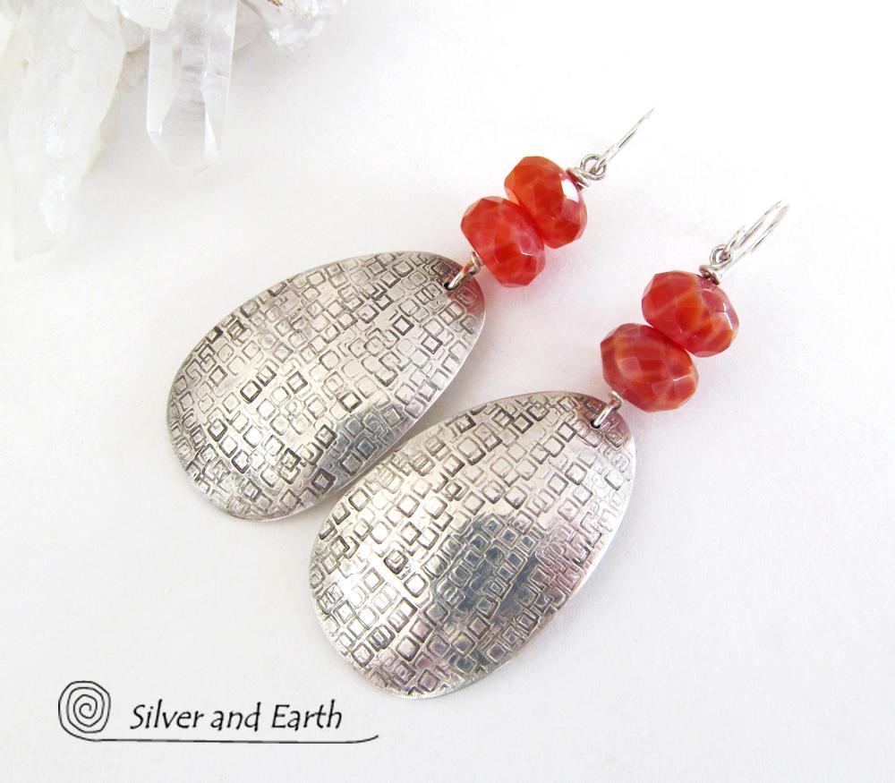 Sterling Silver Earrings with Faceted Fire Agate Gemstones