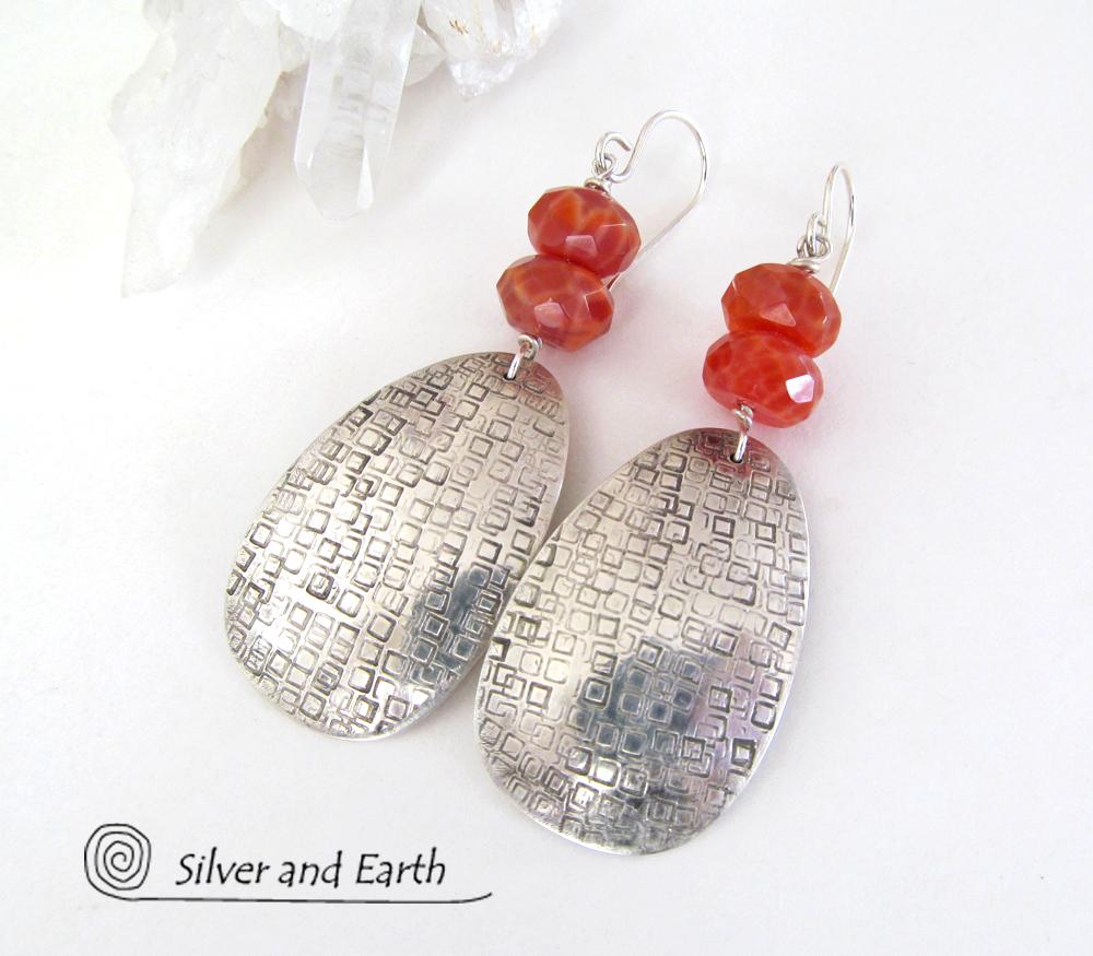 Sterling Silver Earrings with Faceted Fire Agate Gemstones