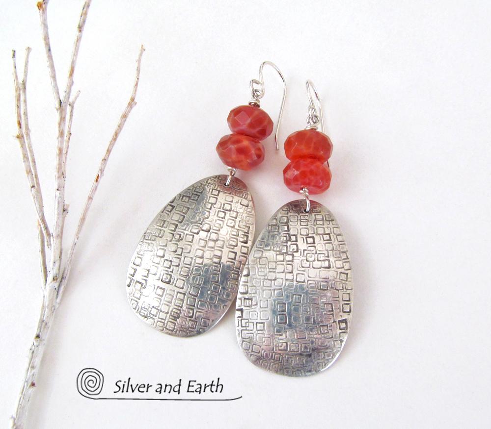 Sterling Silver Earrings with Faceted Fire Agate Gemstones