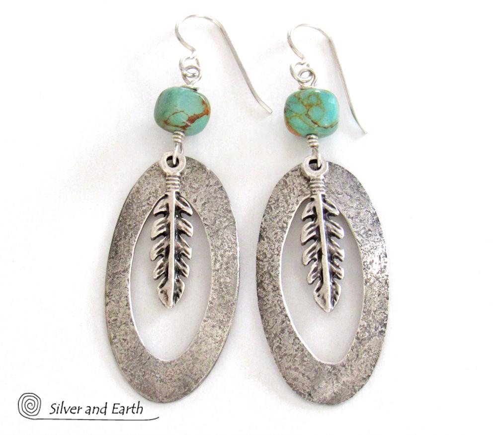 Sterling Silver Hoop Earrings with Turquoise and Feathers - Southwest Jewelry