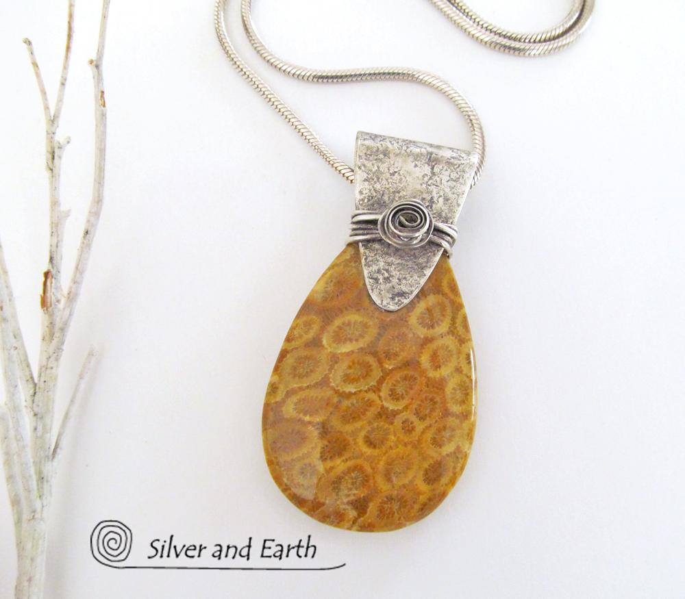 Fossil Coral Sterling Silver Necklace - Natural Fossil Jewelry