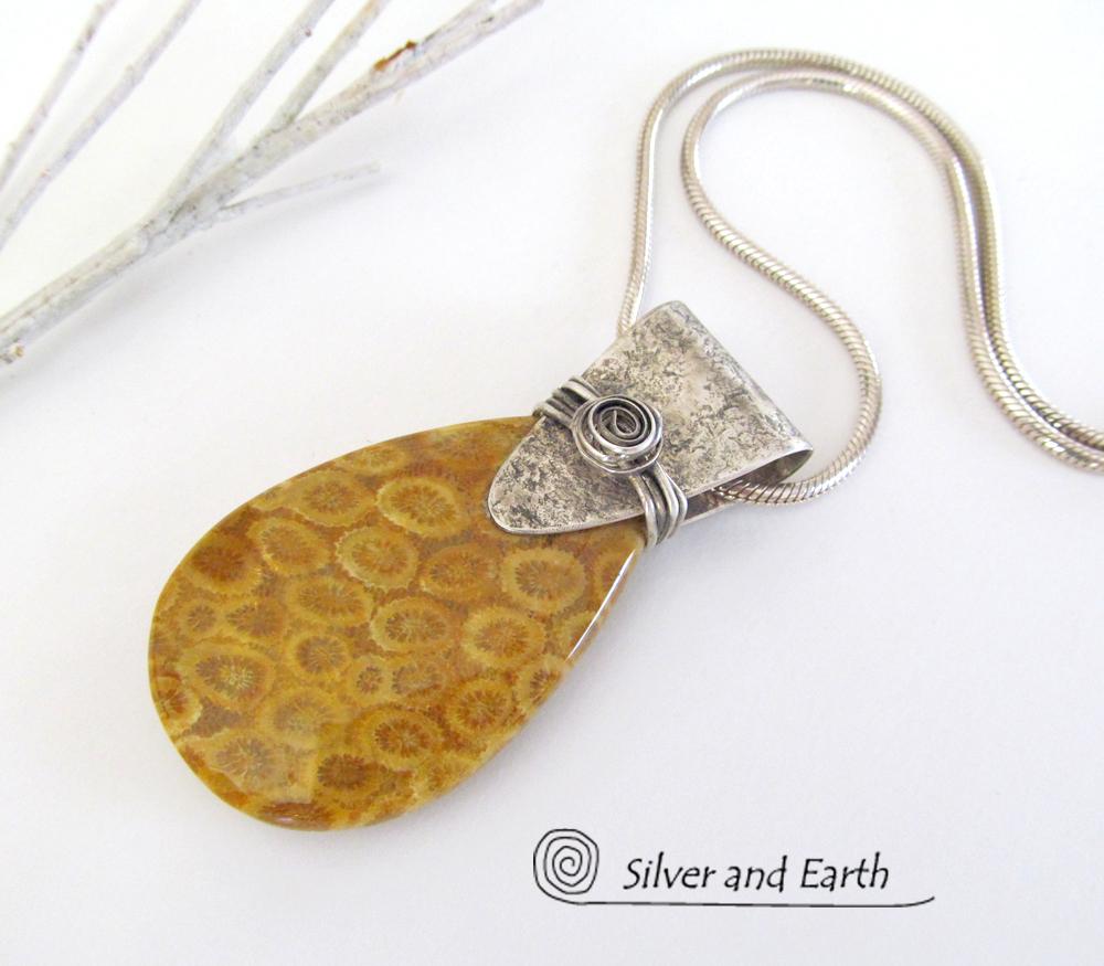 Fossil Coral Sterling Silver Necklace - Natural Fossil Jewelry