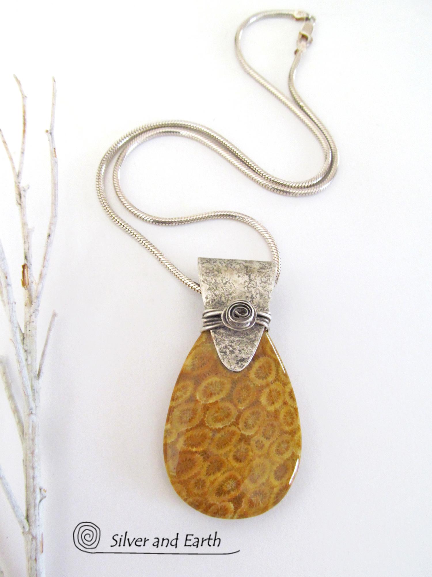 Fossil Coral Sterling Silver Necklace - Natural Fossil Jewelry