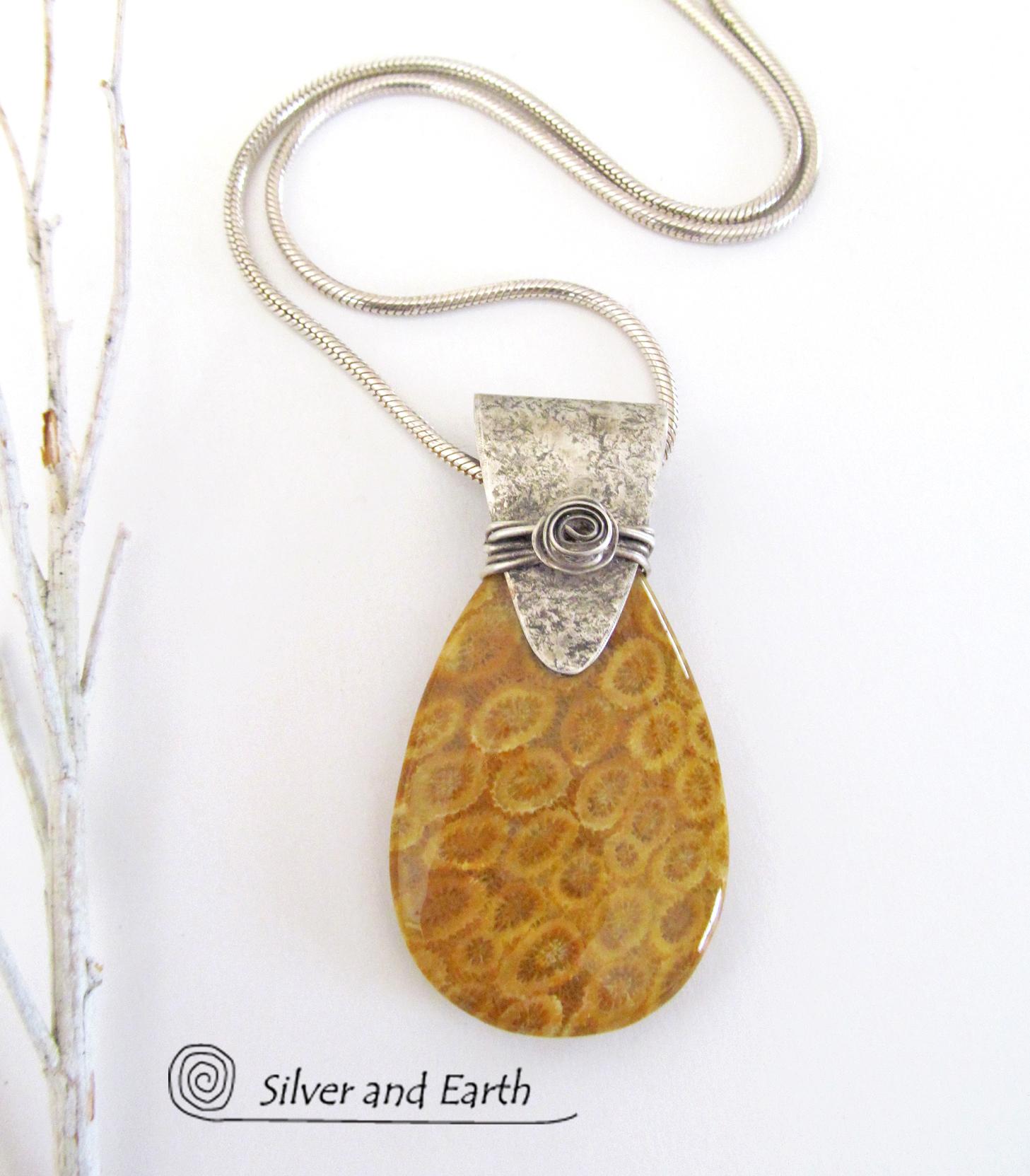 Fossil Coral Sterling Silver Necklace - Natural Fossil Jewelry