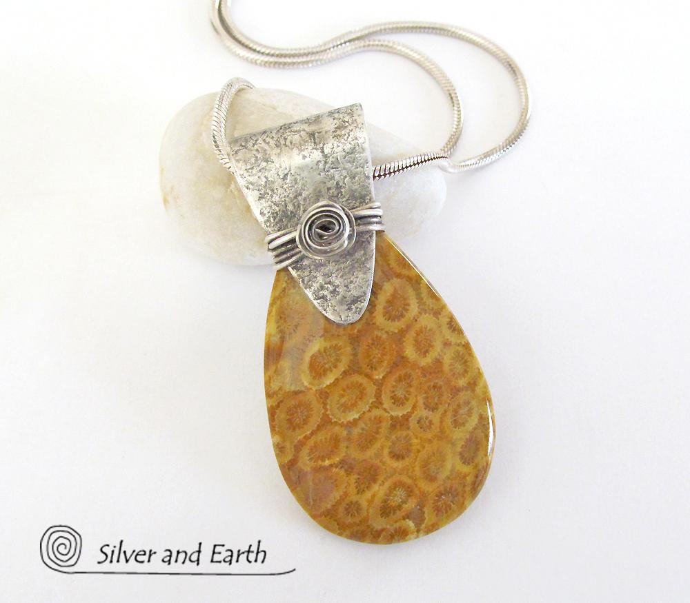 Fossil Coral Sterling Silver Necklace - Natural Fossil Jewelry