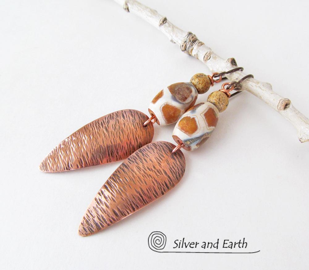 African Tribal Copper Earrings with Etched Agate Stones - African Style Jewelry