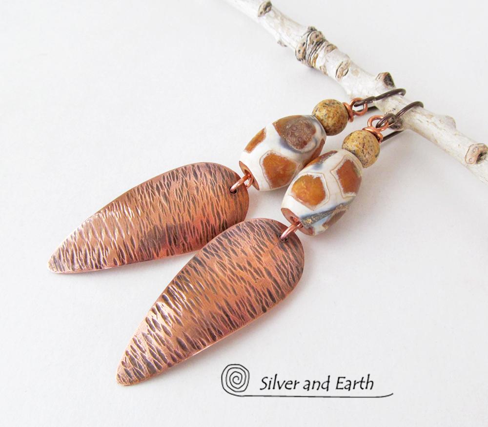 African Tribal Copper Earrings with Etched Agate Stones - African Style Jewelry