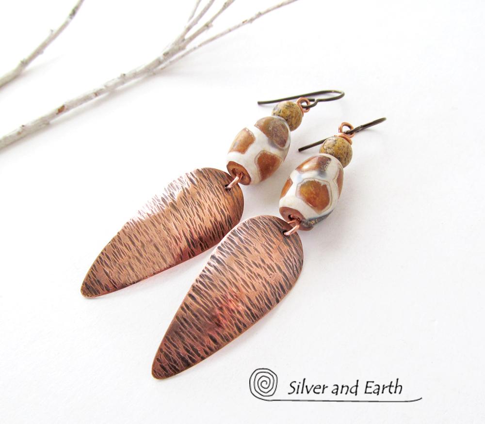 African Tribal Copper Earrings with Etched Agate Stones - African Style Jewelry