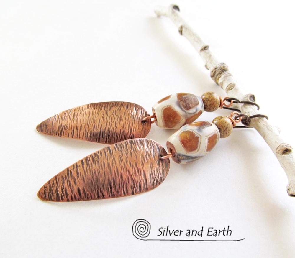 African Tribal Copper Earrings with Etched Agate Stones - African Style Jewelry